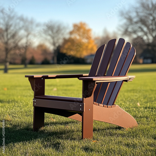 An HDPE Adirondack chair in rich brown, set against a broad, green lawn. The chair’s classic design features a wide, slanted back and seat, offering both comfort and timeless charm. The warm brown col