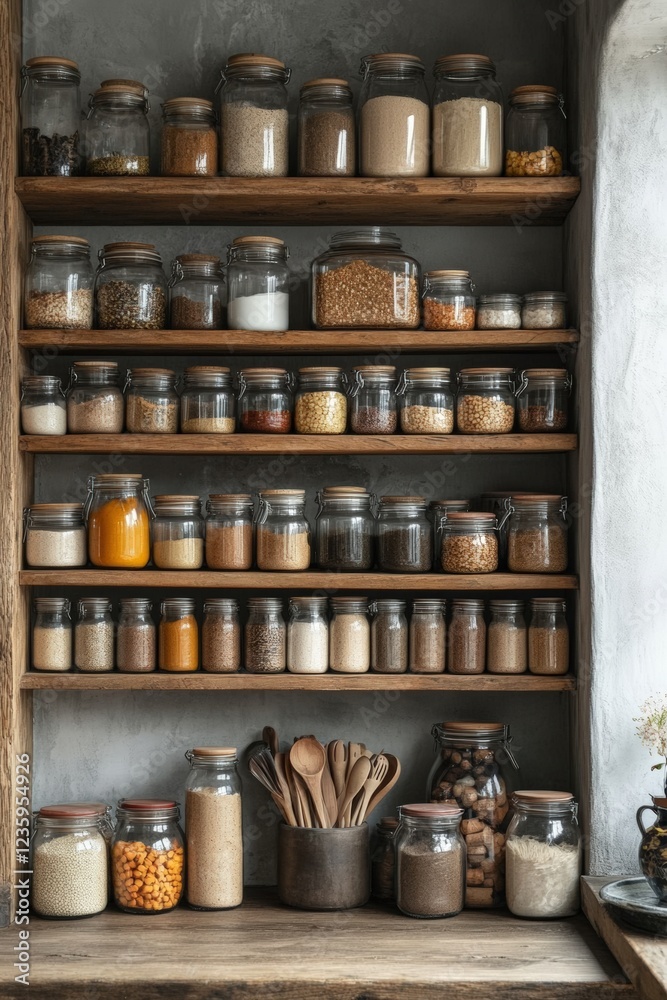 Organized pantry with glass jars home kitchen food storage rustic environment cozy view Organized pantry with glass jars home kitchen food storage rustic environment cozy view