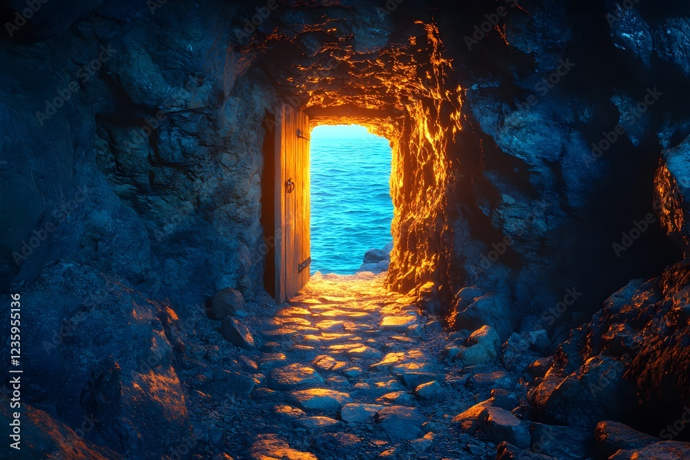 Obraz premium Mystical Cave Passageway to Ocean at Sunset Nature Serenity and Adventure