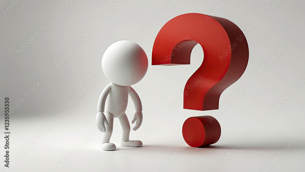 3D character standing next to a large red question mark. The character is white and appears to be standing on all fours. It has a round head and arms 3D character standing next to a large red question mark. The character is white and appears to be standing on all fours. It has a round head and arms
