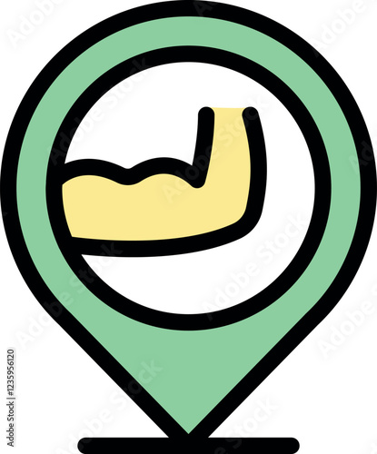 Location pin icon featuring flexing biceps, representing gym, fitness center, or personal training services