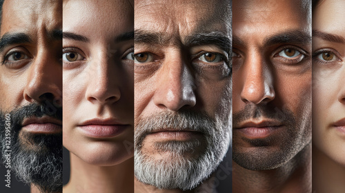 Cohesive collage of diverse faces celebrating age, ethnicity, and unique character traits in a dark gray background photo