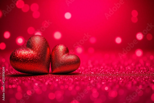 two shiny red glitter hearts on red glitter background with bokeh