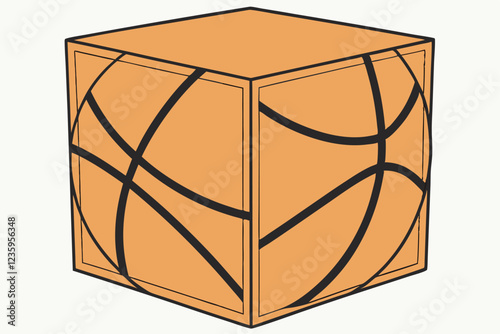  cube-shaped basketball, orange cube with black lines, geometric sports design, minimalist furniture, black cube, contrasting shapes, modern home decor, abstract sports concept, 3D render, clean backg