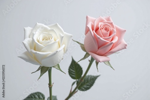two roses white and pink with green leaves gray background