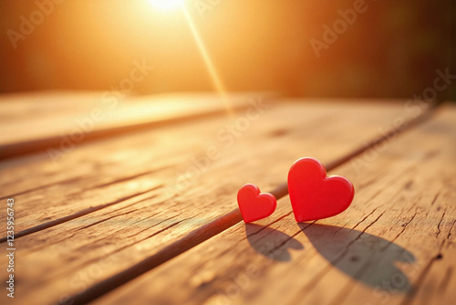 Two red heart shaped objects on weathered wooden surface