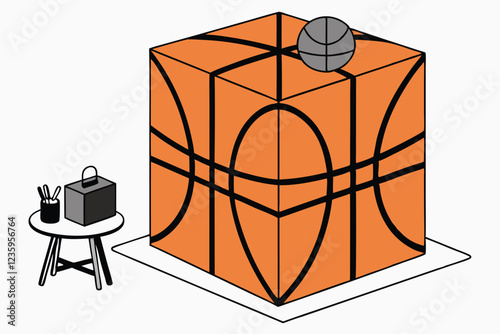 cube-shaped basketball, orange cube with black lines, geometric sports design, minimalist furniture, black cube, contrasting shapes, modern home decor, abstract sports concept, 3D render, clean backg