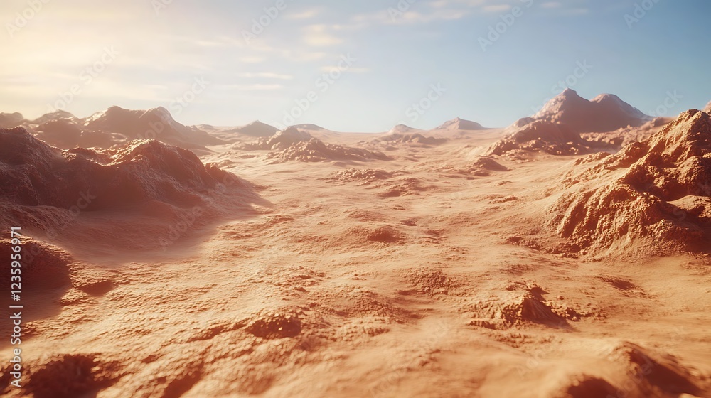 Fototapeta premium Mars landscape, vast desert mountains, sunrise. Possible use Stock photo