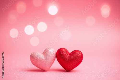two red glittery hearts on glittering pinkish red background
