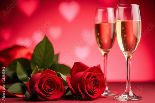 Two red roses and champagne flute on bokeh background