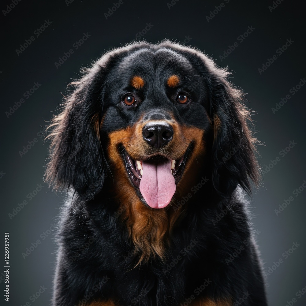 Portrait of a Happy Black and Tan Dog Against a Dark Background, Ideal for Pet Lovers and Animal Portraits Portrait of a Happy Black and Tan Dog Against a Dark Background, Ideal for Pet Lovers and Animal Portraits