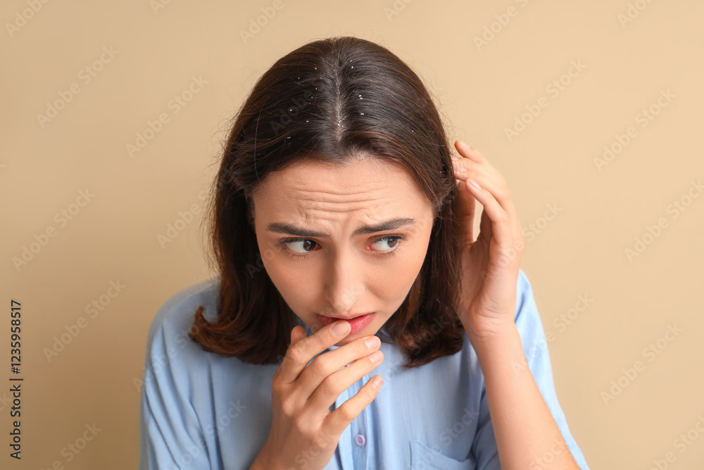© Pixel-Shot - Worried young woman with dandruff on beige background, closeup