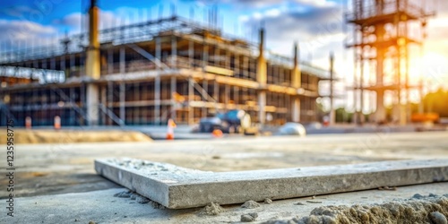 A lone concrete slab sits in front of a partially built structure, a silent testament to the tireless work that goes into shaping our surroundings. photo