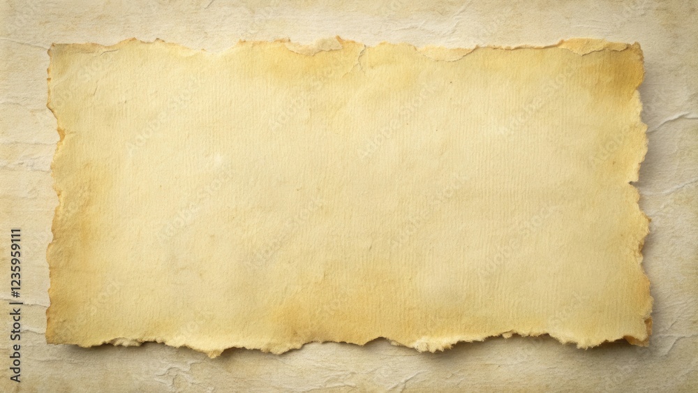 A textured, aged, ripped paper sheet with a faint, yellowed hue, ideal for vintage and antique backgrounds A textured, aged, ripped paper sheet with a faint, yellowed hue, ideal for vintage and antique backgrounds