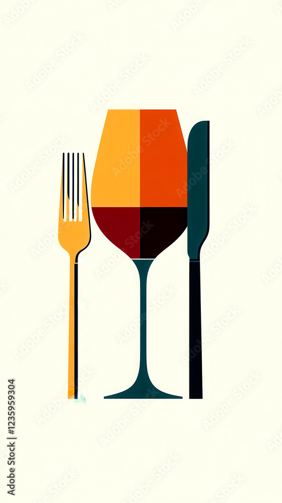 Fototapeta premium A colorful, abstract illustration featuring a wine glass, fork, and knife, symbolizing dining and culinary experiences.