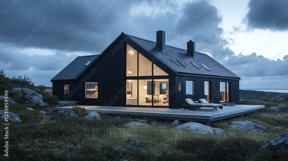 Modern Black Cabin on Rocky Coastline at Dusk Modern Black Cabin on Rocky Coastline at Dusk