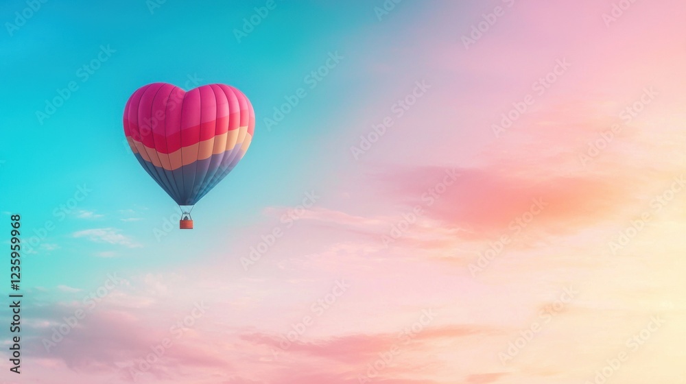 Obraz premium heart rainbow Heart shaped hot air balloon floating in a rainbow colored sky, whimsical and adventurous, representing romantic love and travel