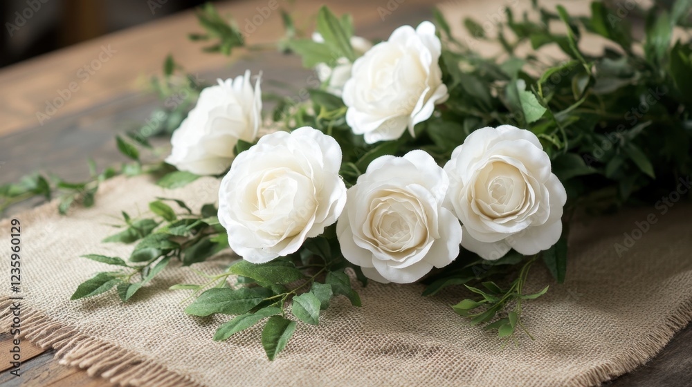 A delicate arrangement of white artificial roses, surrounded by greenery, resting on a rustic burlap table runner. A delicate arrangement of white artificial roses, surrounded by greenery, resting on a rustic burlap table runner.