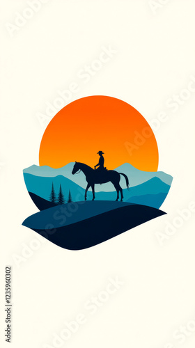 A silhouette of a rider on horseback against a vibrant sunset, surrounded by mountains, evoking a sense of adventure and serenity.