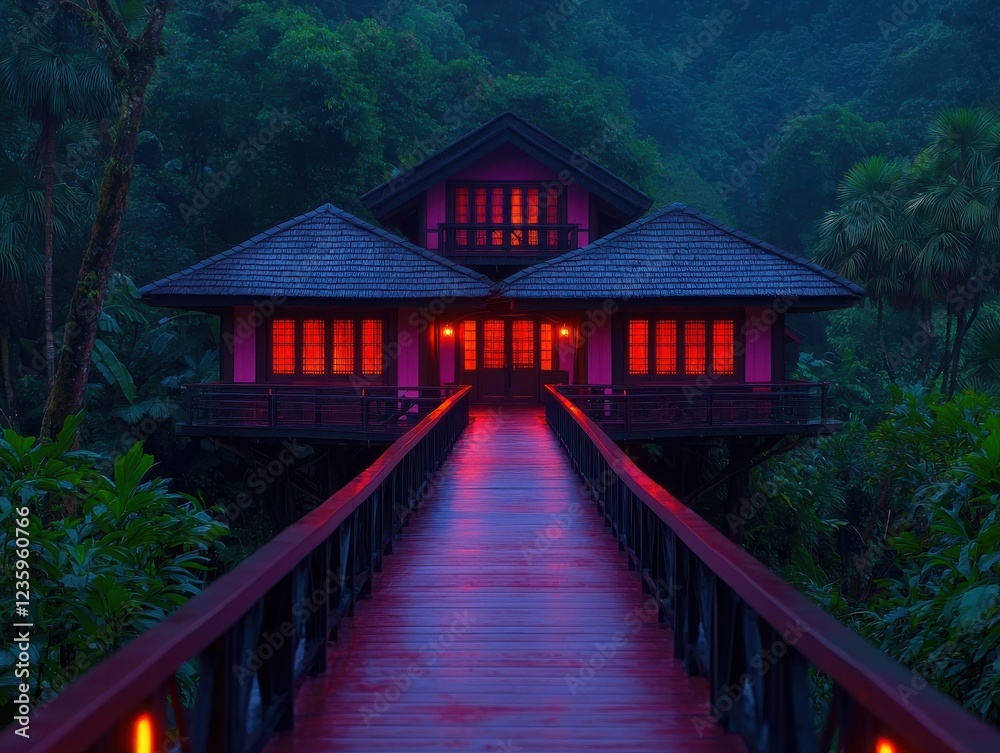 Eco-friendly treehouse resort lush jungle travel destination vibrant atmosphere serene viewpoint nature escape Eco-friendly treehouse resort lush jungle travel destination vibrant atmosphere serene viewpoint nature escape