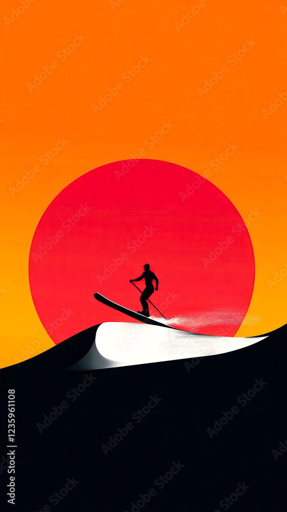 A silhouette of a snowboarder riding a wave against a vibrant sunset backdrop of orange and red hues. A silhouette of a snowboarder riding a wave against a vibrant sunset backdrop of orange and red hues.