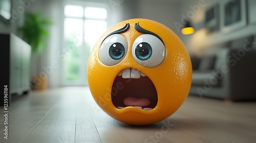 3D Emoji Orange, Scared Expression, Modern Interior Background photo