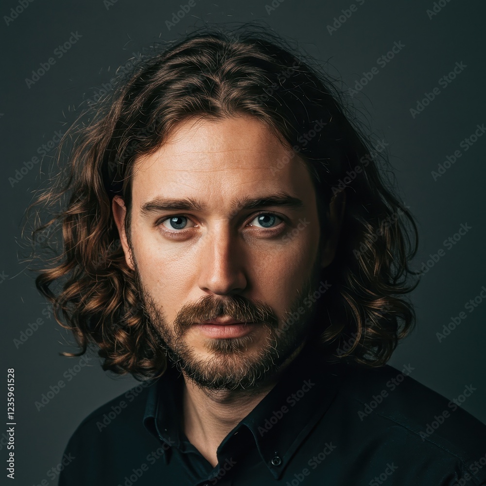 Fototapeta premium Portrait Photograph of a Serious Young Man with Curly Hair and Beard in a Studio, Ideal for Business Profile or Lifestyle Content