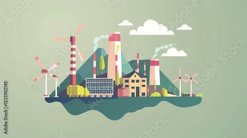 Modern Industrial Landscape with Wind Turbines and Smokestacks