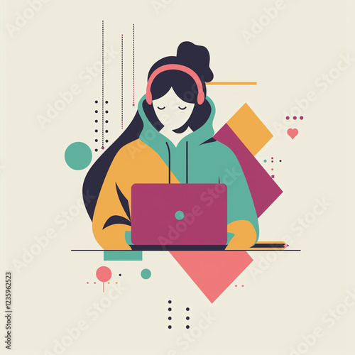 Cartoon illustration of a person working on a laptop at a desk in an office setting