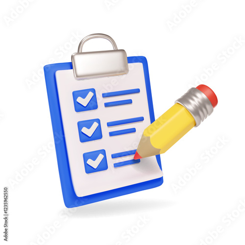 3d Clipboard with pencil. Task management to do list. Check list exam icon. Questionnaire form Vector illustration.