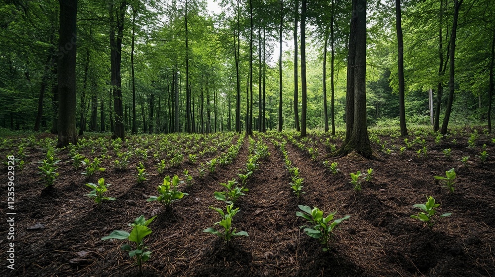 New saplings emerge in a lush forest landscape during the early hours of a serene morning New saplings emerge in a lush forest landscape during the early hours of a serene morning