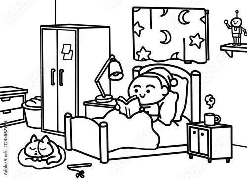 Kid reading a book on the bed.