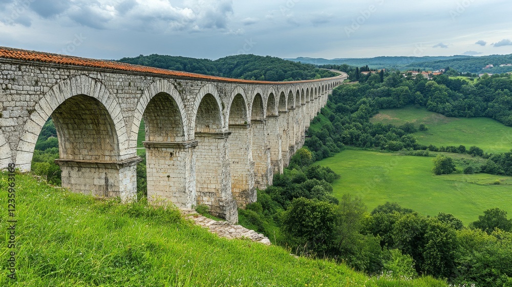 Fototapeta premium Ancient Stone Aqueduct in Rolling Green Hills