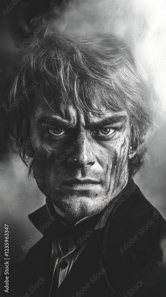 Obraz premium A striking black-and-white portrait features an intense gaze and rugged features, highlighted by swirling smoke, evoking feelings of intensity and mystery.