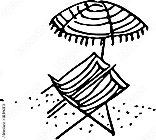 Sea, beach summer time travel. Vacation. Hand drawn vector isolated doodle chaise longs and parasol