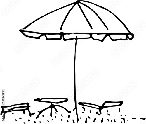 Sea, beach summer time travel. Vacation. Hand drawn vector isolated doodle parasols and chaise longs 