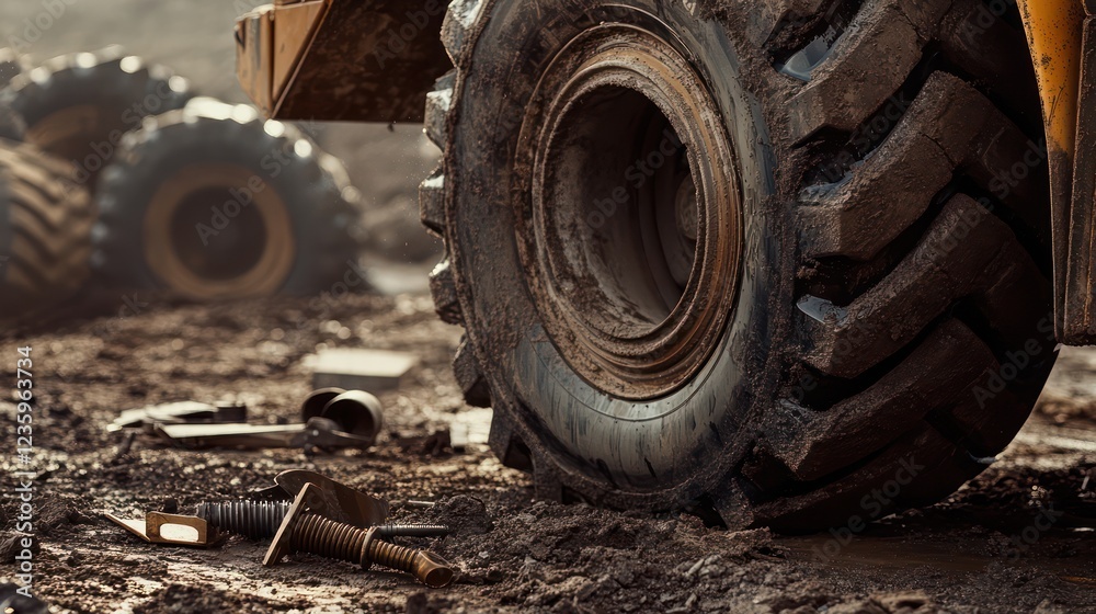 a heavy-duty truck tire being repaired on a construction site, with tools and metal parts scattered around, taken with a high-resolution camera with a telephoto lens, natural daylight lighting, Dari p a heavy-duty truck tire being repaired on a construction site, with tools and metal parts scattered around, taken with a high-resolution camera with a telephoto lens, natural daylight lighting, Dari p
