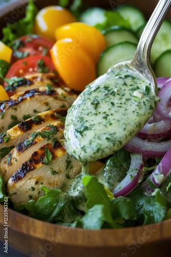 A tantalizing close-up of a grilled chicken salad topped with a vibrant green dressing, showcasing fresh vegetables and enticing flavors, perfect for healthy eating.