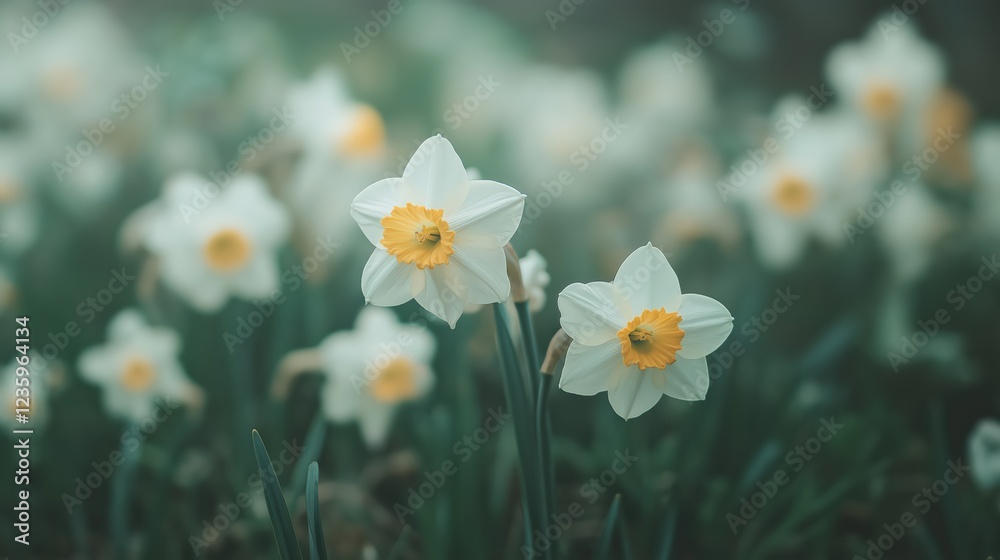 White Daffodils Field, Soft Green Background, Dreamy Spring Flowers White Daffodils Field, Soft Green Background, Dreamy Spring Flowers
