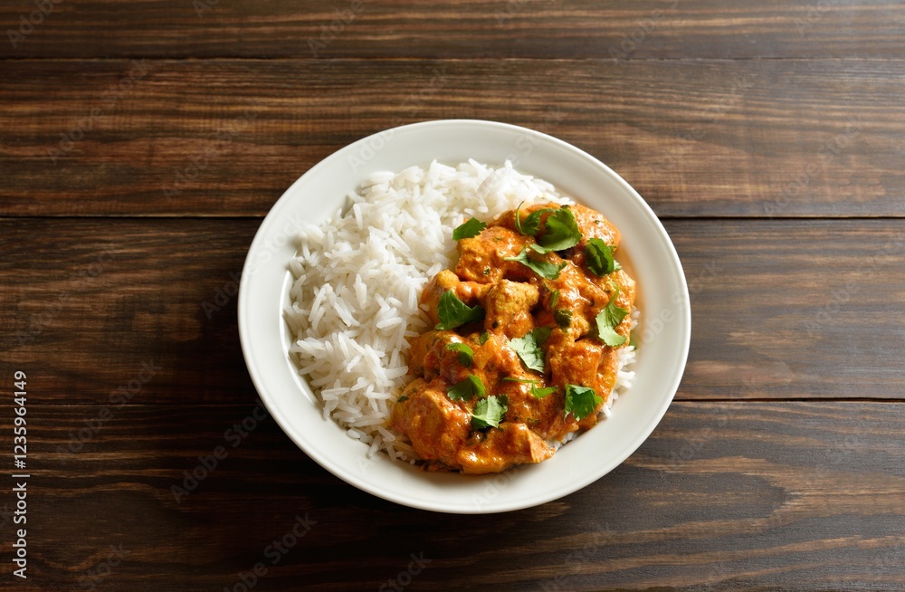Butter chicken with basmati rice on plate on wooden background Butter chicken with basmati rice on plate on wooden background