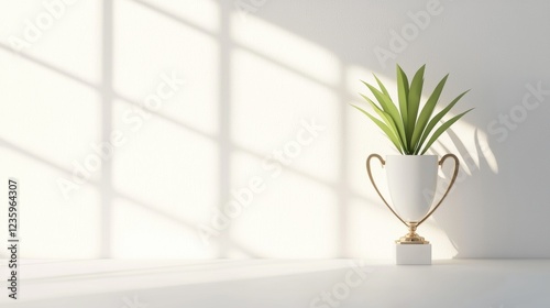 trophy Minimalist Single trophy placed in the center of a minimalist white room, clean and modern aesthetic photo