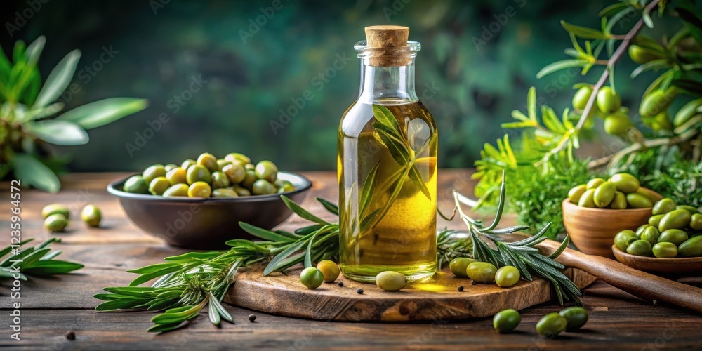 Freshly pressed olive oil sits in a glass bottle surrounded by an assortment of fresh herbs and fragrant green olives, ready for culinary use , kitchen, food Freshly pressed olive oil sits in a glass bottle surrounded by an assortment of fresh herbs and fragrant green olives, ready for culinary use , kitchen, food