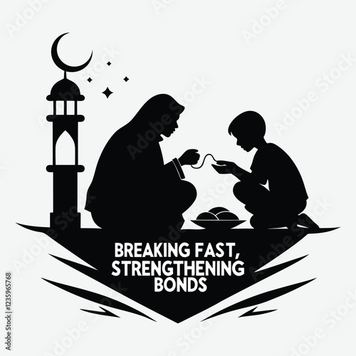 A  grand iftar gathering inside a mosque courtyard, with "Breaking Fast, Strengthening Bonds" textsilhouette image vector art and illustration
