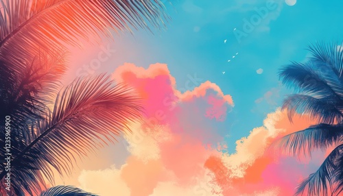 Tropical Sunset Sky Palm Trees Peaceful Scene