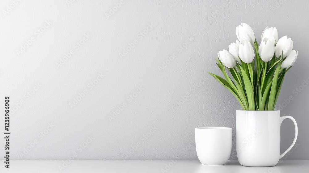 White tulips in mug, minimalist room decor, grey wall White tulips in mug, minimalist room decor, grey wall