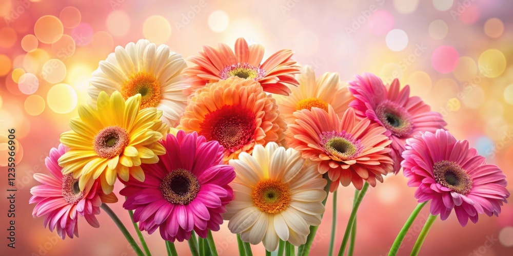 Fototapeta premium A vibrant bouquet of colorful gerbera daisies arranged in a delicate cluster, showcasing a delightful array of hues and patterns, set against a soft backdrop of shimmering lights.