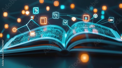 Policy handbook glowing with icons of security and compliance