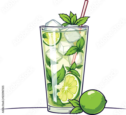 Refreshing mojito cocktail with lime, mint, and ice cubes in a tall glass