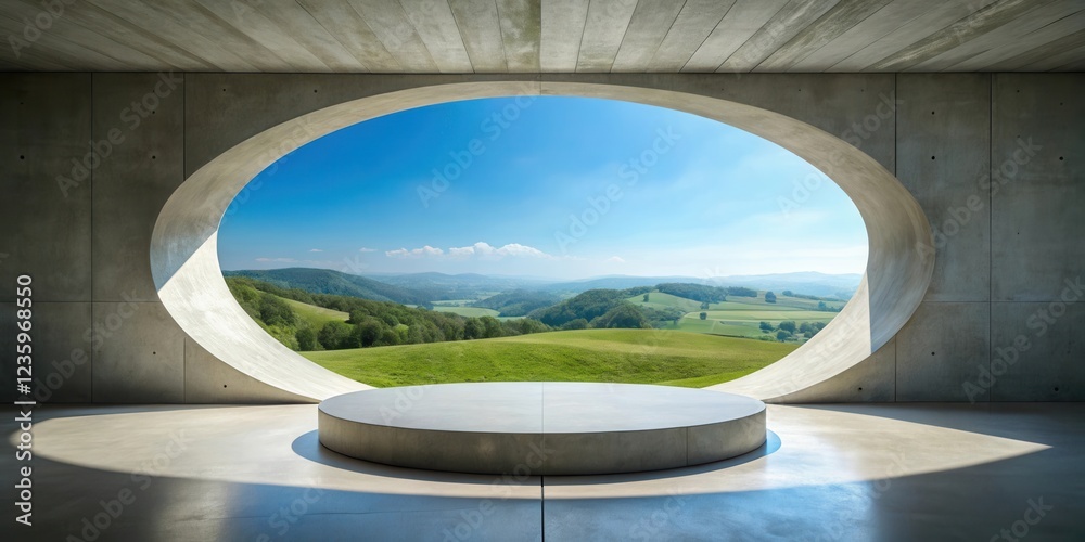 Fototapeta premium A Concrete Room with a Circular Window Framing a View of Rolling Green Hills and a Blue Sky