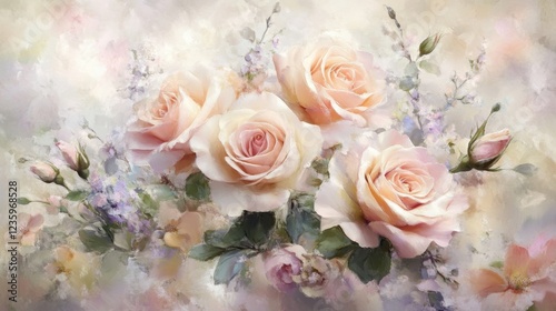 A stunning rose bouquet in soft pastel hues, photographed against a blurred floral backdrop for a dreamy effect.